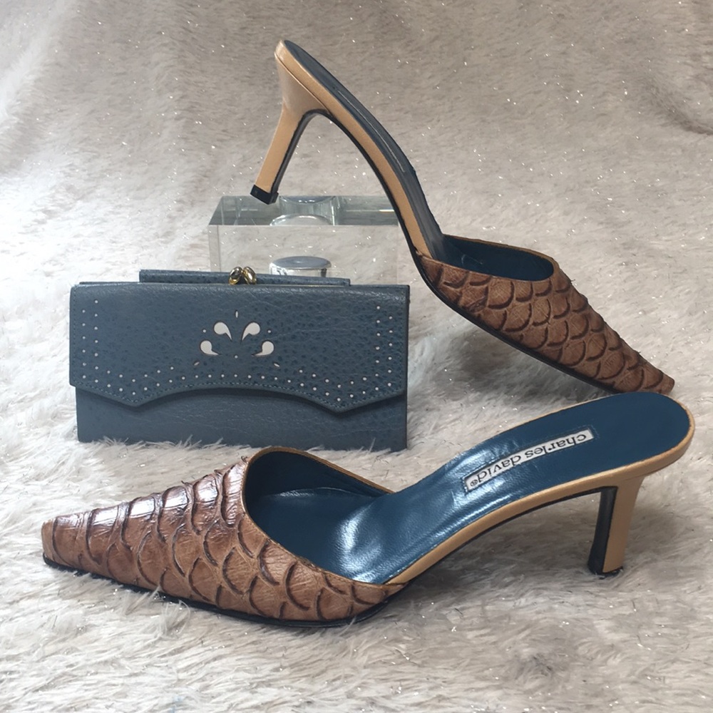 Vintage mule tan pointed toe reptile - Picture 5 of 12